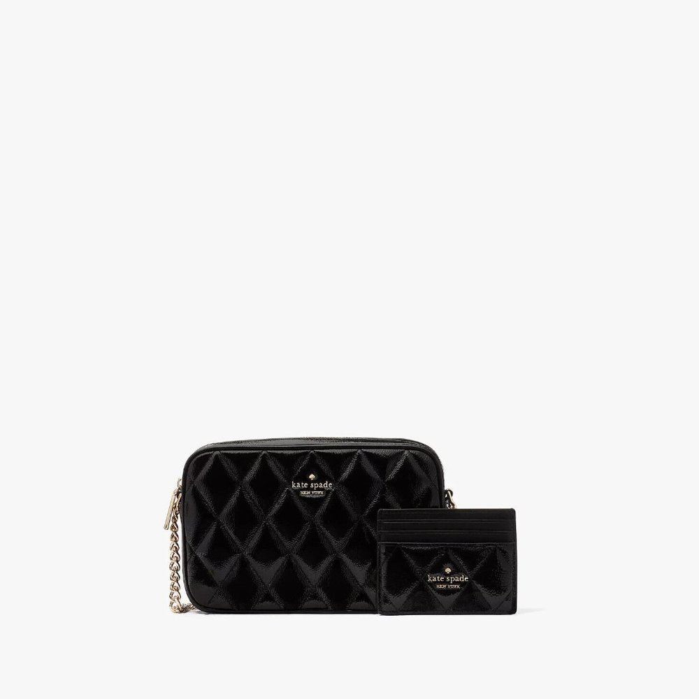 NWT $359 Kate Spade Glimmer Boxed Quilted Metallic Crossbody Set Black